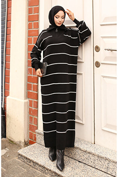 sefamerve Černé pruhované úpletové šaty na zip 11038-05