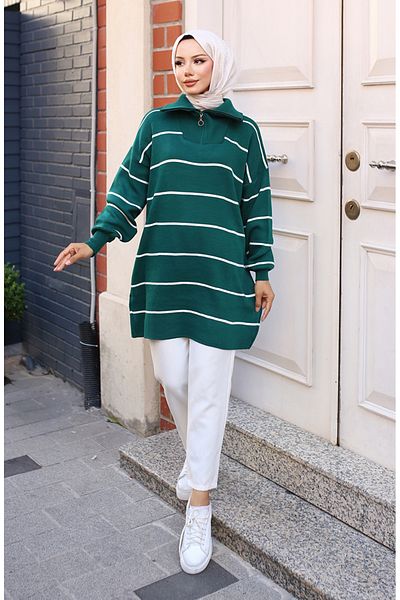 sefamerve Ριγέ Πλεκτό Τούνικ με φερμουάρ γιακά 11037-01 Emerald Green