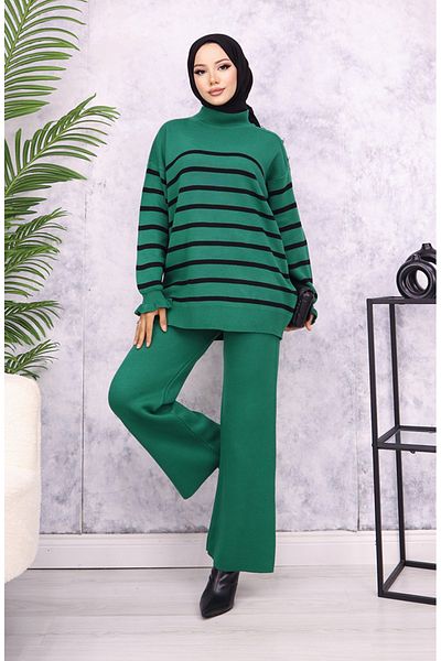 sefamerve Emerald Green ριγέ Σετ ώμου - Πλεκτά με κουμπιά 24019-02
