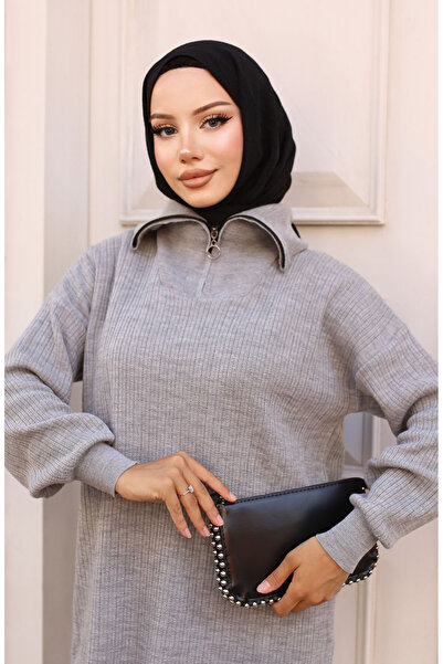 sefamerve Ribbed Knitwear Set with Zippered Collar 11036-06 Gray