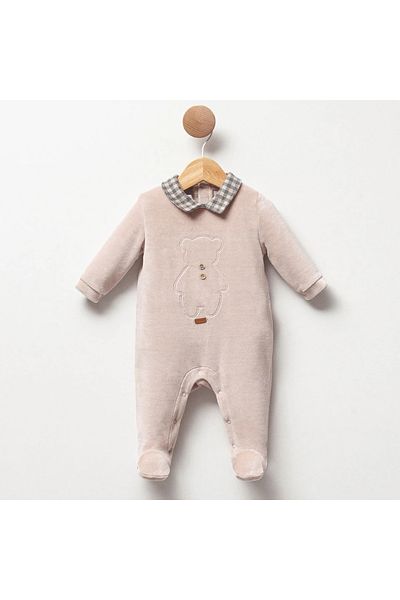 Cassiope Beige Velvet Baby Romper - Teddy Bear Embroidery Detailed