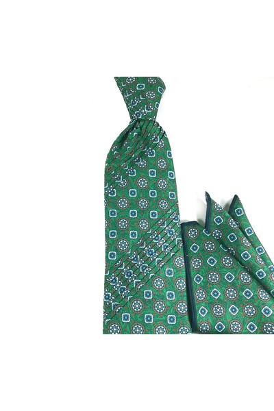 Sade Kravat Yeşil Kahve Kırmızı Mavi Beyaz Özel Desenli Mendilli Pliseli Krav...