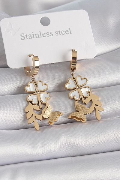 Clariss 316L Steel Gold Color White Pearlescent Clover Glitter Butterfly Figure Women's Earrings