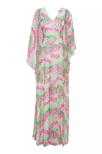 Keikei Desenli sifon kolsuz uzun elbise