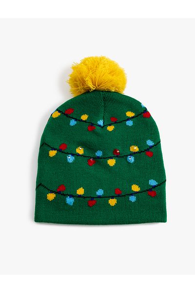 Koton Patterned Beret - Pompom Detailed