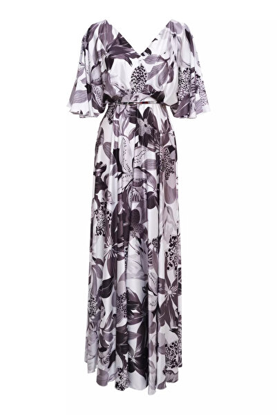 Keikei Desenli saten kapri kol uzun elbise