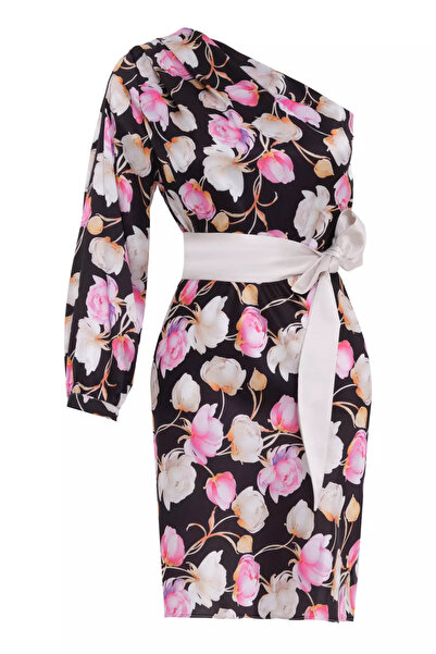 Keikei Desenli saten tek kol kısa elbise