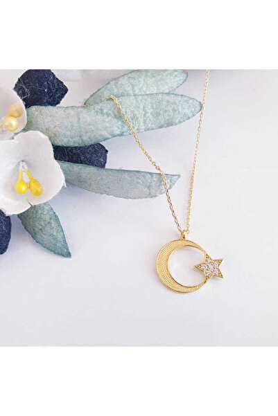 Genel Markalar 925 Ayar Gümüş Gold Ay Yıldız Kadın Kolye