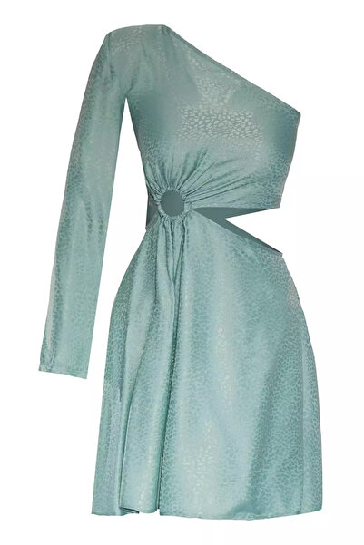 Keikei Mint yeşili jakar tek kol kısa elbise