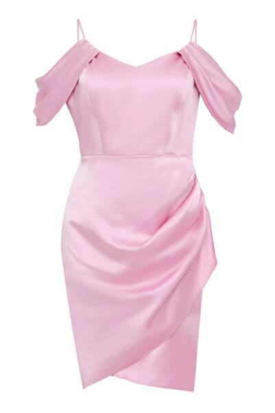 Keikei Pembe büyük beden saten kısa kol kısa elbise