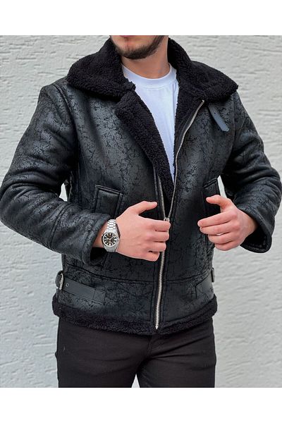 He Brand Ανδρικό μαύρο δερμάτινο παλτό Napa Full Fur