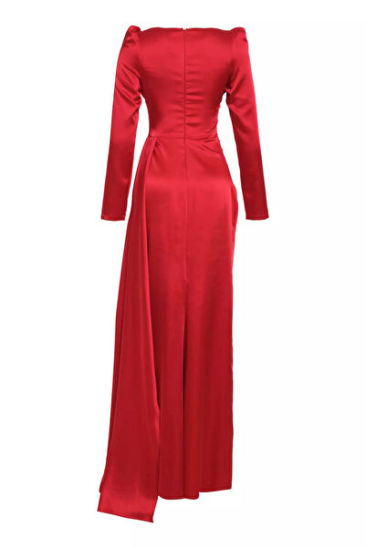 Keikei Kırmızı saten uzun kol uzun elbise