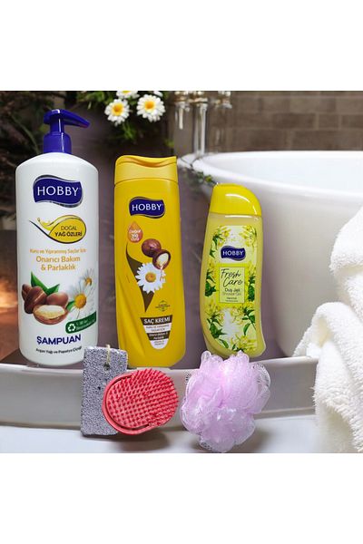 Hobby Shampoo with Argan & Chamomile Extract (1000ml), Hair Cream with Argan & Chamomile Extract (500ml), Shammile Shower Gel