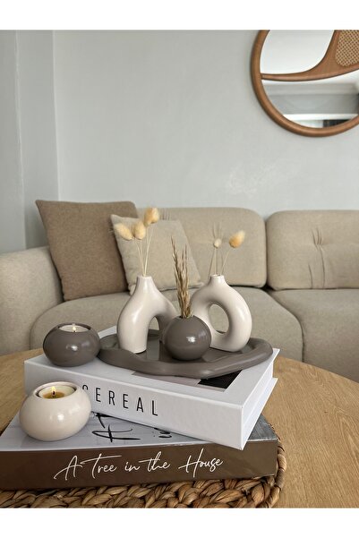 ELASİBEL HOME Minimal Dekoratif Vizon Vazo Seti 2’li Tealight Mumluklu 6 Parç...