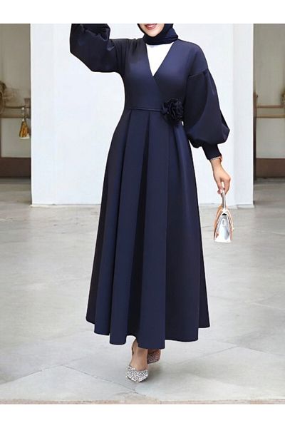 Modamorfo Cross Neck Sash Rose Detailed Skuba Dress -Navy
