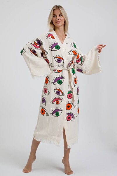 natural %100 pamuk müslin dokuma çok renkli göz baskılı kimono bornoz sabahlık
