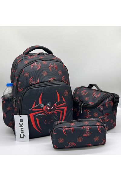 Çınka Bags حقيبة ظهر مدرسية للأولاد باللون الأسود مع طبقة تغذية من رقائق العنكبوت وحامل قلم