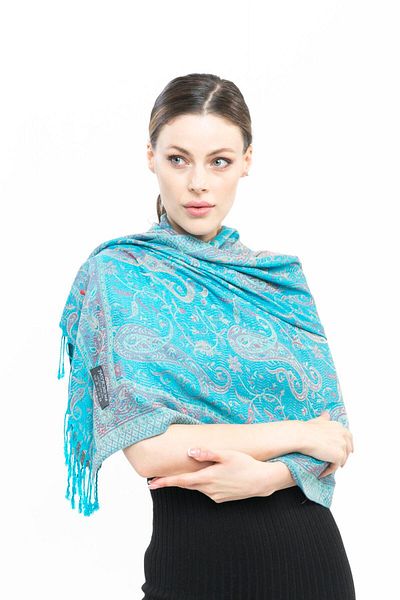 K&B PASHMINA 100% cașmir șal pashmina |   70%x180 Cap lateral al mașinii |   În albastru