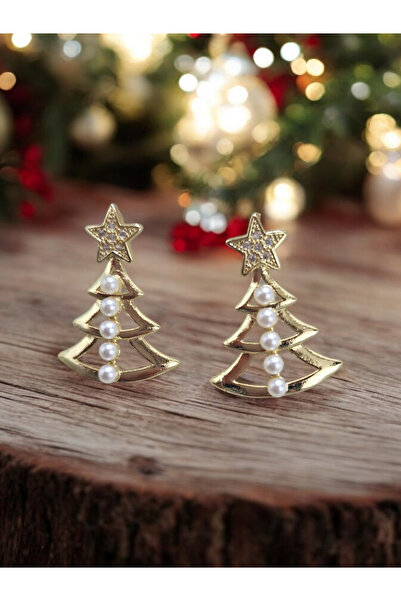 FASHİON JEWELRY Pine Tree New Year Earrings with Pearls