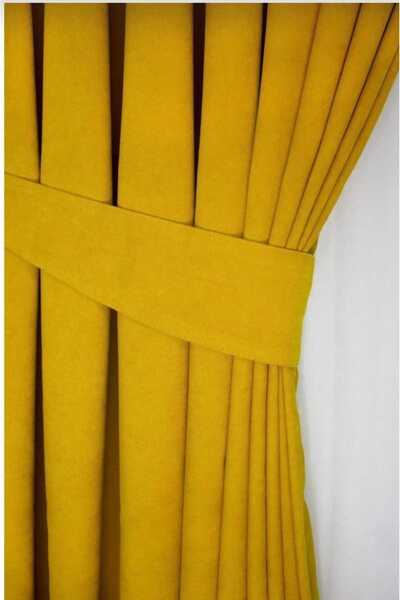 PİKKO HOME Velvet Textured Extrafor with Latched Mustard Yellow Color High Quality Single Wing Fon Curtain