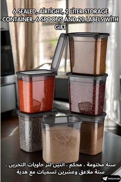 welcomein Set of 6 Leak Proof 2000ml Rectangular Food Storage Containers 20 Pieces - Labels - 6 Pieces of Spoons - 2 Liters