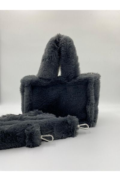 MUTE BAG Grey Plush Bag with Long Handle - Soft Fluffy, Cross Body, 24X18