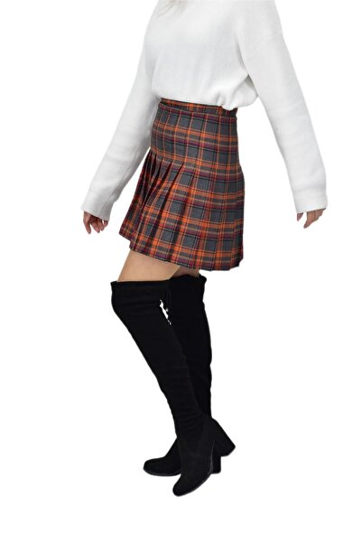 BAGLAN Orange Smoked Plaid Women's College Skirt - Kuyucak-28