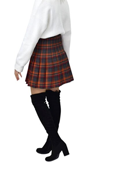 BAGLAN Orange Smoked Plaid Women's College Skirt - Kuyucak-28
