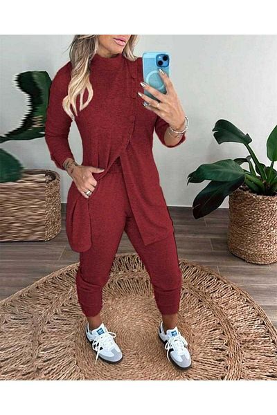 Trend Moda Women's Long Sleeve Turtleneck Buttoned Front Blouse and Trousers Soft Double Set
