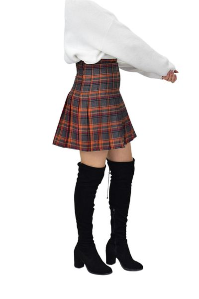 BAGLAN Orange Smoked Plaid Women's College Skirt - Kuyucak-28