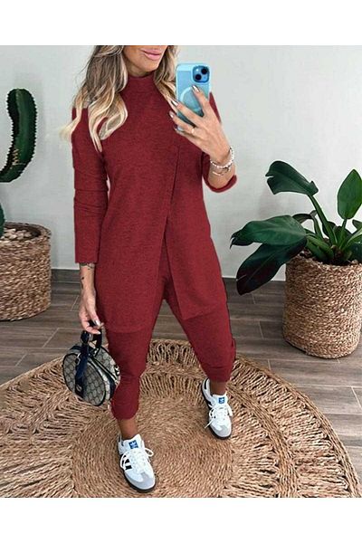 Trend Moda Women's Long Sleeve Turtleneck Buttoned Front Blouse and Trousers Soft Double Set