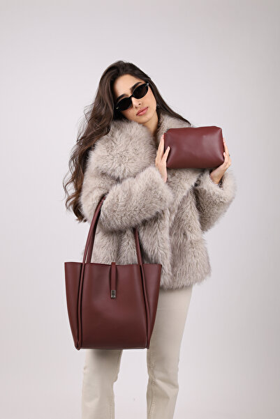 NOTHING Women's Makeup Bag with Magnetic Closure in Burgundy - Hand and Shoulder Bag L:30 W:33 W:15 cm Jade