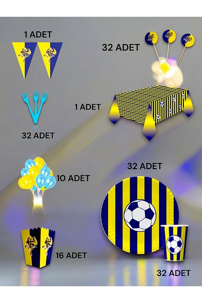VibeHome 32-Person Navy Blue Yellow Fan Luxury Set - Birthday Party and Fun Events