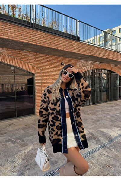 Lady Pixie Kadın Leopar Triko Jean Şeritli Hırka