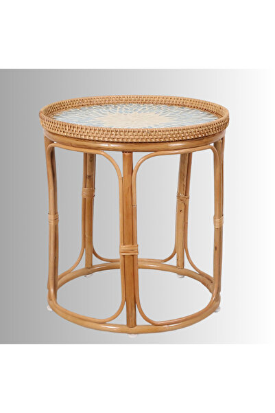 Bohe Collection Doğal Sedefli El Yapımı Rattan Sehpa Mavi 44x42cm