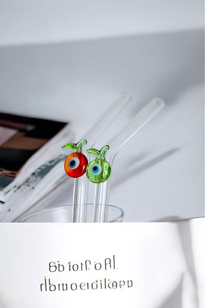 nazarboncuğu Set of 6 Penguin Apple and Heart Patterned Glass Straws