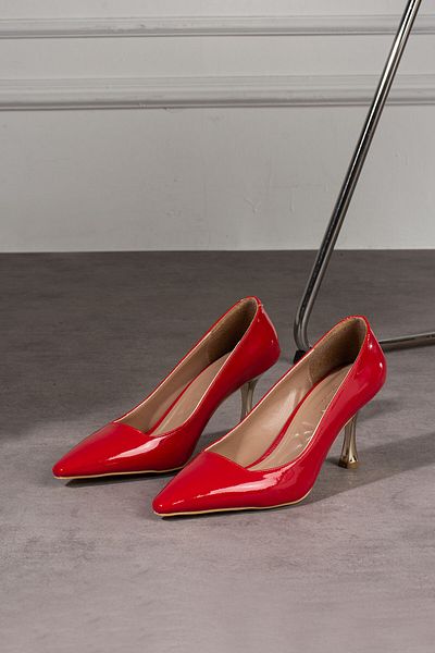 YAKUPLAR Red Patent Leather Closed Back Gold Yellow Thin Heeled Stiletto Vegan Leather for Daily and Special Occasions