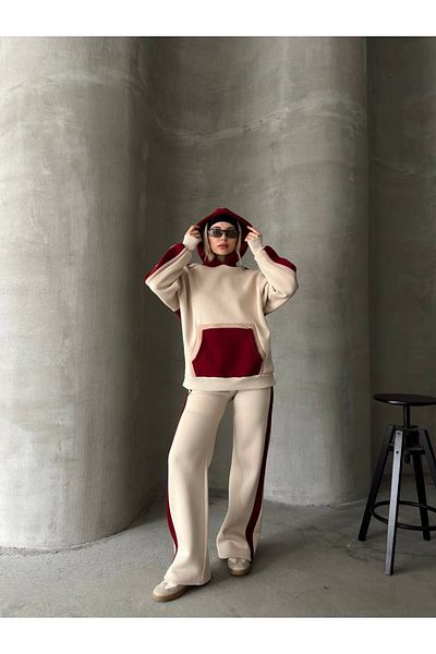 sportiness Oversize Hooded Garnished 3 Threads Charted Wide Leg Tracksuit Suit