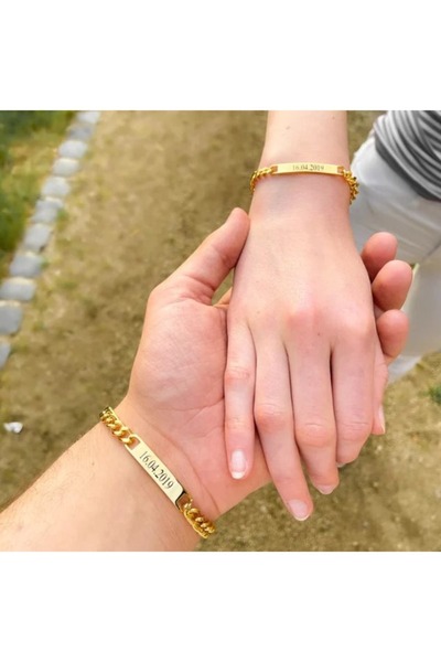 Doğaltaş Çiftlere Özel Tasarım Lazer İşleme Çelik Hediyelik Gümüş Bileklik