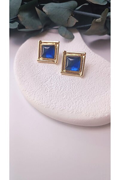 VOBEEYKU أقراط من الفولاذ المربع باللون الأزرق والأحجار الكريمة باللون الذهبي