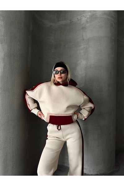 sportiness Oversize Hooded Garnished 3 Threads Charted Wide Leg Tracksuit Suit