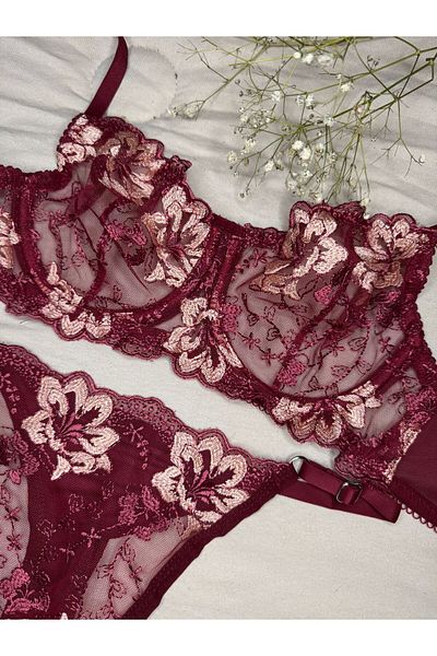 ROZENİN LINGERIE Set de sutien din tul fără cupă cu sârmă florală burgundă