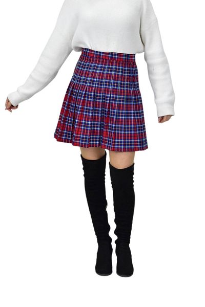 BAGLAN Red Navy Blue Plaid College Skirt - Kuyucak-38k