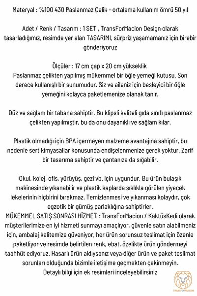 Transformacion Sefer Tası Paslanmaz Çelik Yemek Kabı 17 cm