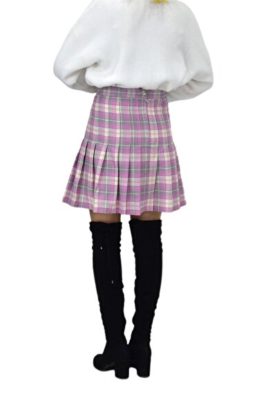 BAGLAN Pink Gray Plaid Women's College Skirt - Anadolu-34
