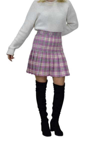 BAGLAN Pink Gray Plaid Women's College Skirt - Anadolu-34