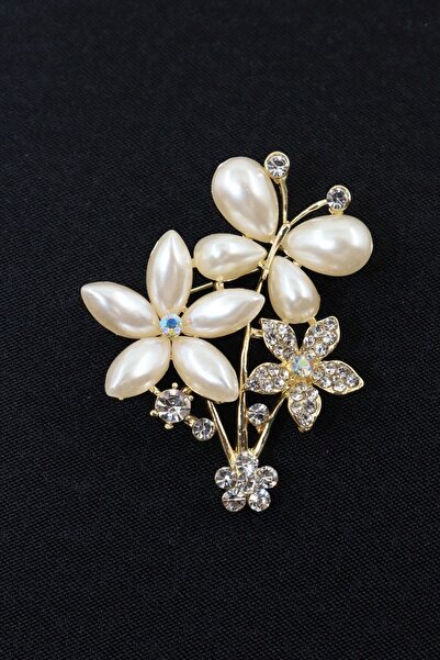 KEEBA Baharın Müjdesi Kelebekli Yasemin Çiçeği Broş İncili Taşlı Gold Tasarım Kadın Yaka İğnesi Broş