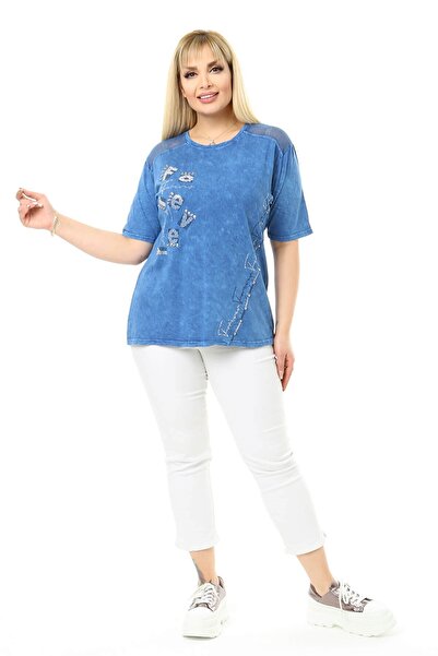 Mia Butik Plus Size Blue Shoulder Mesh Detailed Blouse