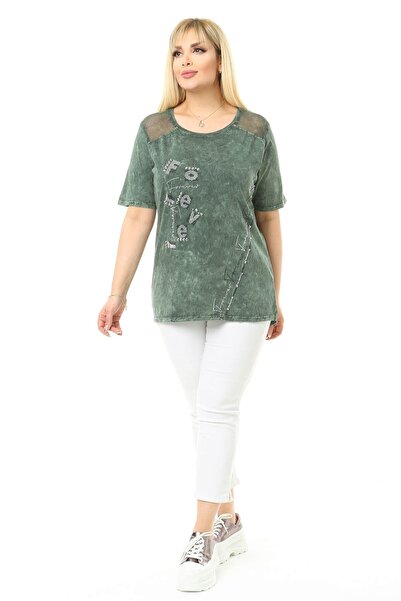 Mia Butik Large Size Khaki Blouse with Mesh Detail on the Shoulders