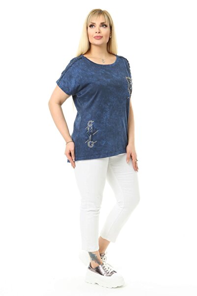 Mia Butik Plus Size Navy Blue Blouse with Lace Detail on Shoulders